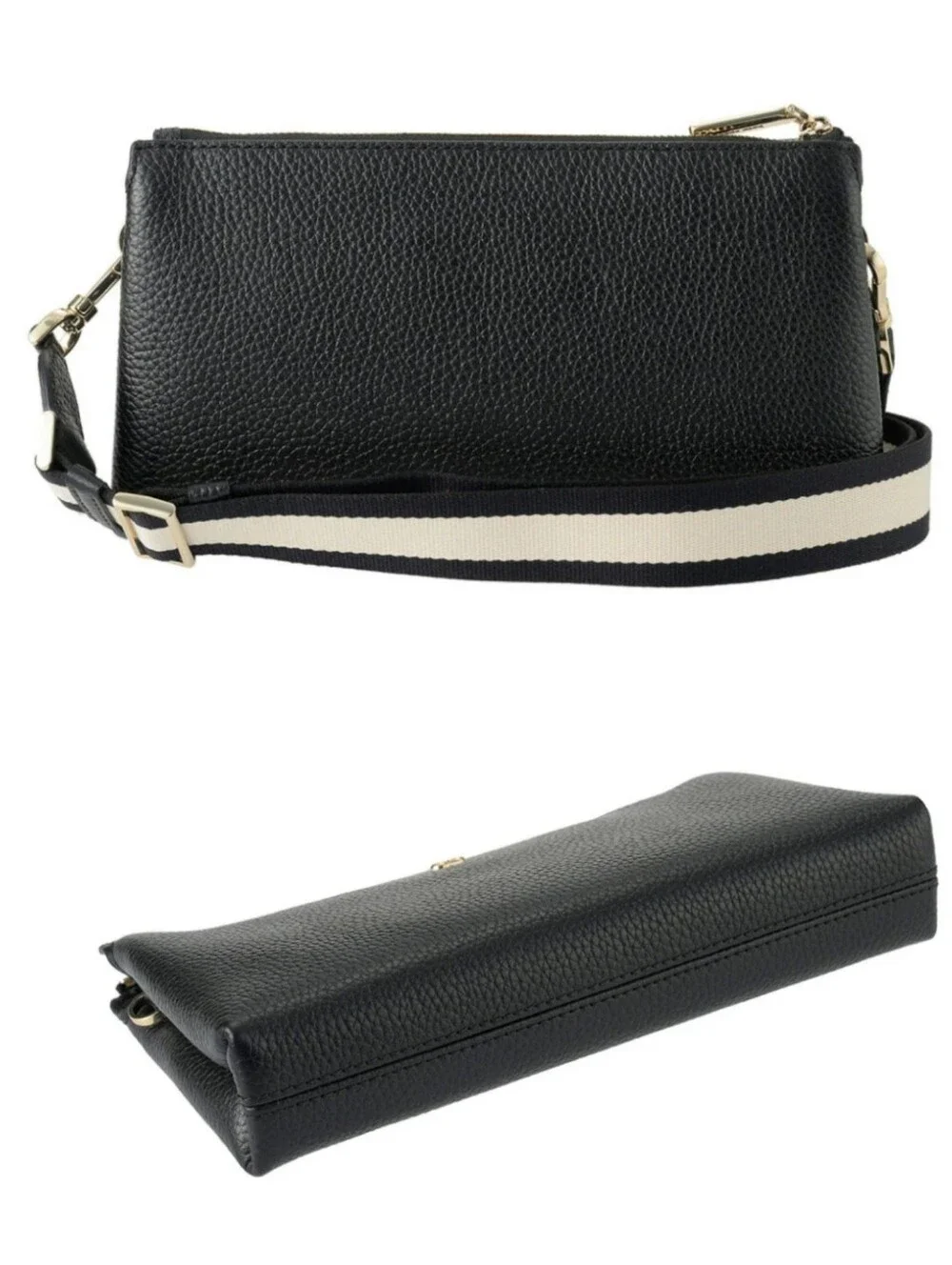 NWT Kate Spade Emma Mini Black Pebbled Leather Crossbody with Striped Logo Strap